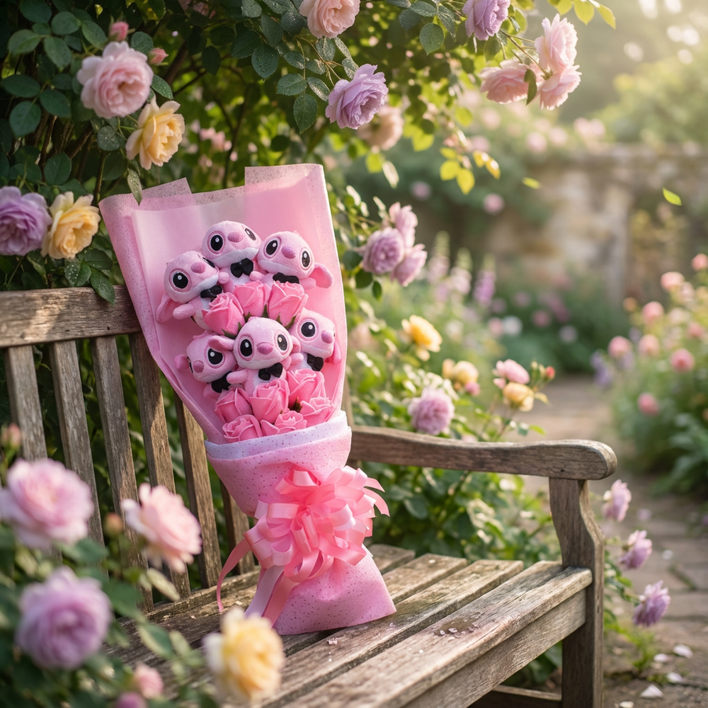 Bouquet de peluches Stitch avec motif I love you